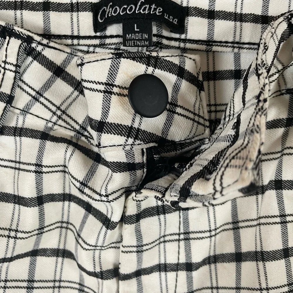 Black & White Plaid Skinny Pants – High Waisted Stretch Grid Print (Size L) - Picture 3 of 5